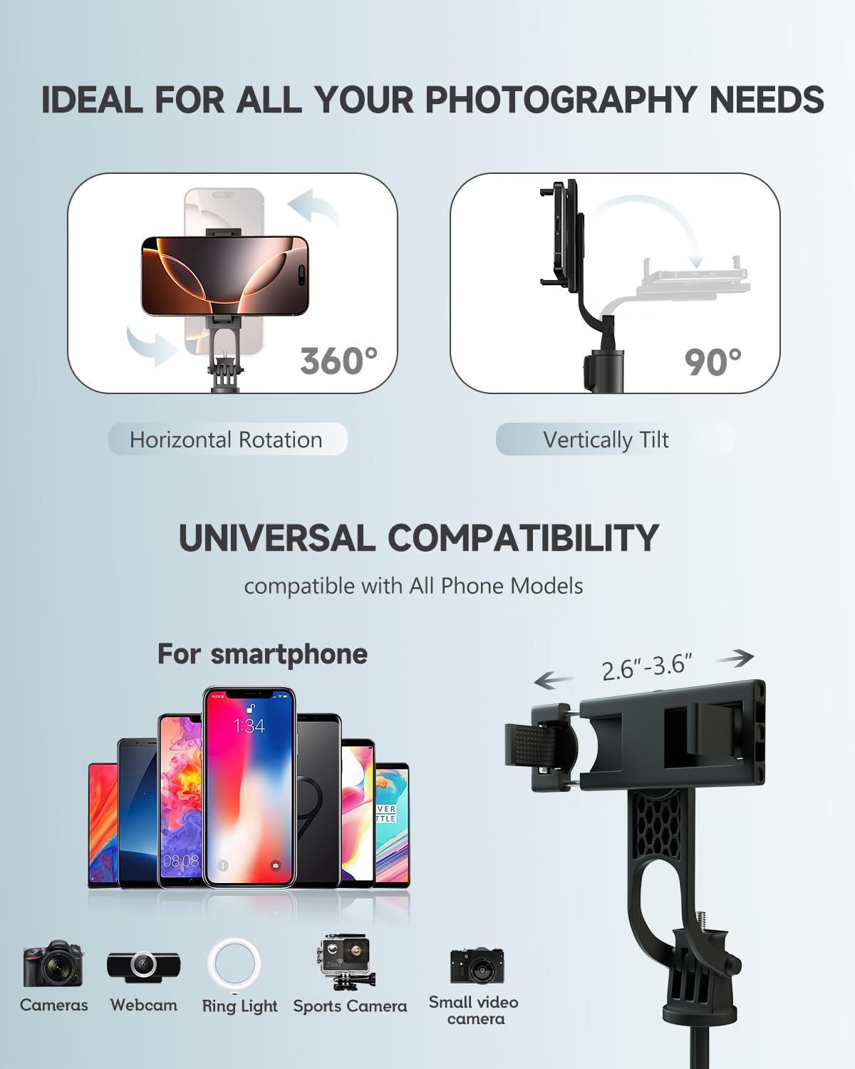 Stabilizer tripod, 360-degree rotating phone stabilizer tripod equipped with a remote control, 360-degree rotating extendable selfie stick