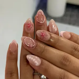 24 Pcs Short Almond French Nail Tips, 3D Flower & Metal Line Design, Reusable Nude Glossy False Nails, Perfect for Daily, Party, Wedding, Office, Travel