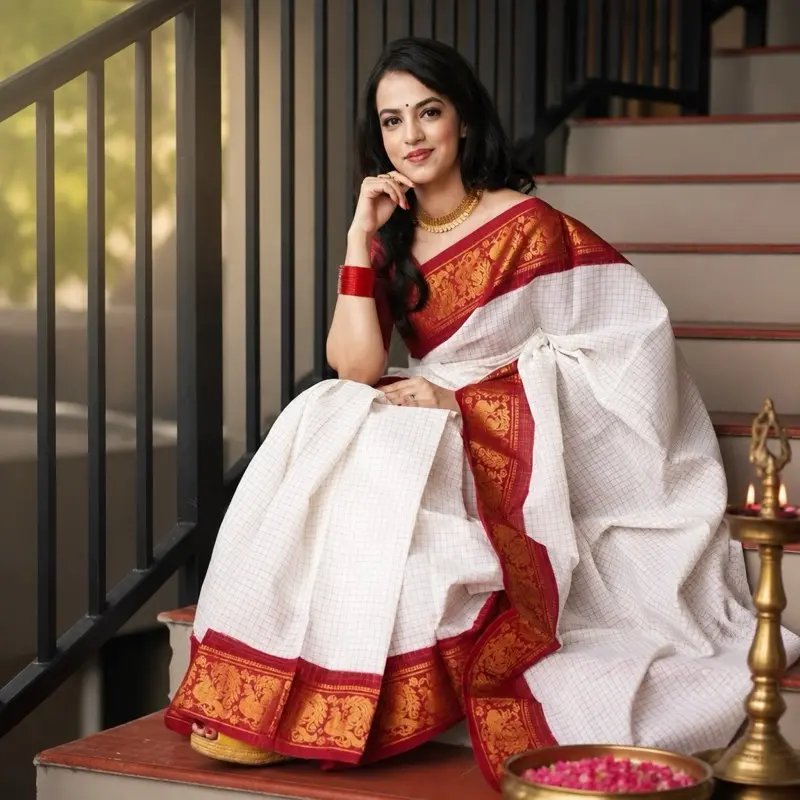 Elegant Silk saree red border white with check  design saree Womanwear