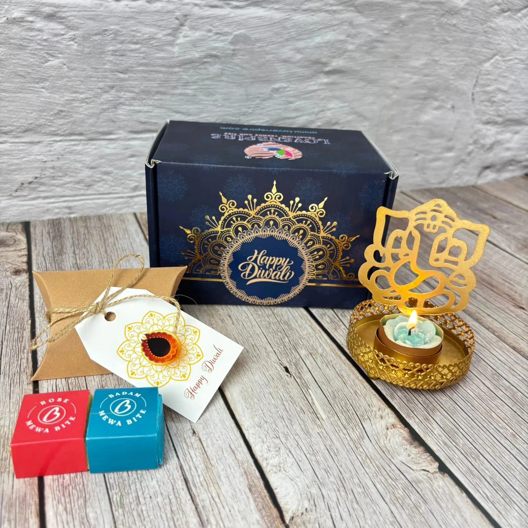 Elegant Diwali Gift Hamper | Luxurious Personalized Basket with Ganesha Candle Holder, Sweets & Dry Fruits | Perfect for Relatives & Friends