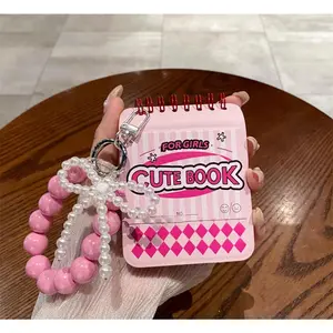 New Korean Cute Pink Notebook Pearl Bow Pendent Chain Phone Case for Samsung Galaxy Z flip7 Z Flip5 Flip6 Flip4 Flip3 Back Cover