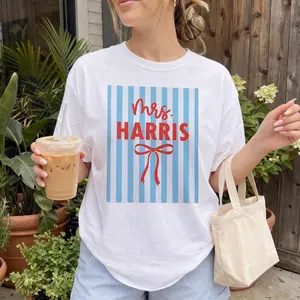 BojjiCo Women's Personalized Custom Mrs Name Graphic Tee - Ribbed Cotton Blend Fabric, Red-Blue Striped Bow, Streetwear Coquette Preppy Aesthetic, Matching Wrap Design, Brides Bachelorette Newlywed Gift, Casual Summer Top