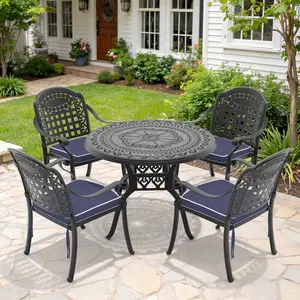 ARCH 5-Piece Set Of Cast Aluminum Patio Furniture With Black Frame and Blue Seat Cushions