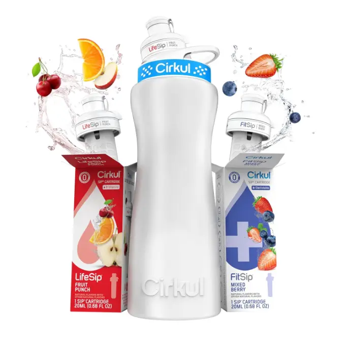 Cirkul 22oz White Metal Bottle with Two No Sugar, 0 Cal Flavored Water Sips