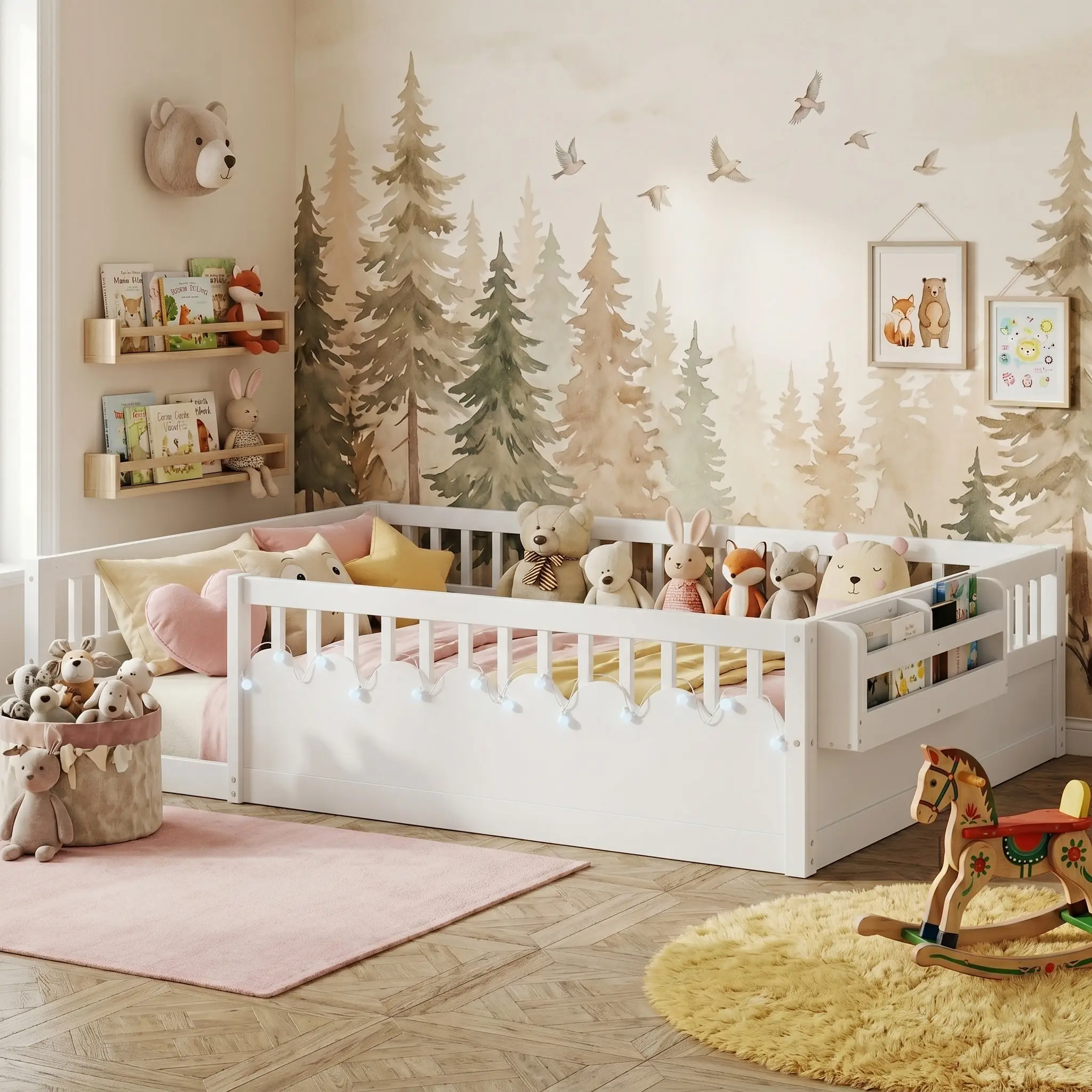 Eyisean Montessori Toddler Bed - Twin/Full Size Wooden Frame with High Rails, Wide-Opening Safe Gate, LED Light, Storage Shelf, Multi-Function Kids' Sleep & Play Space, Montessori Bed