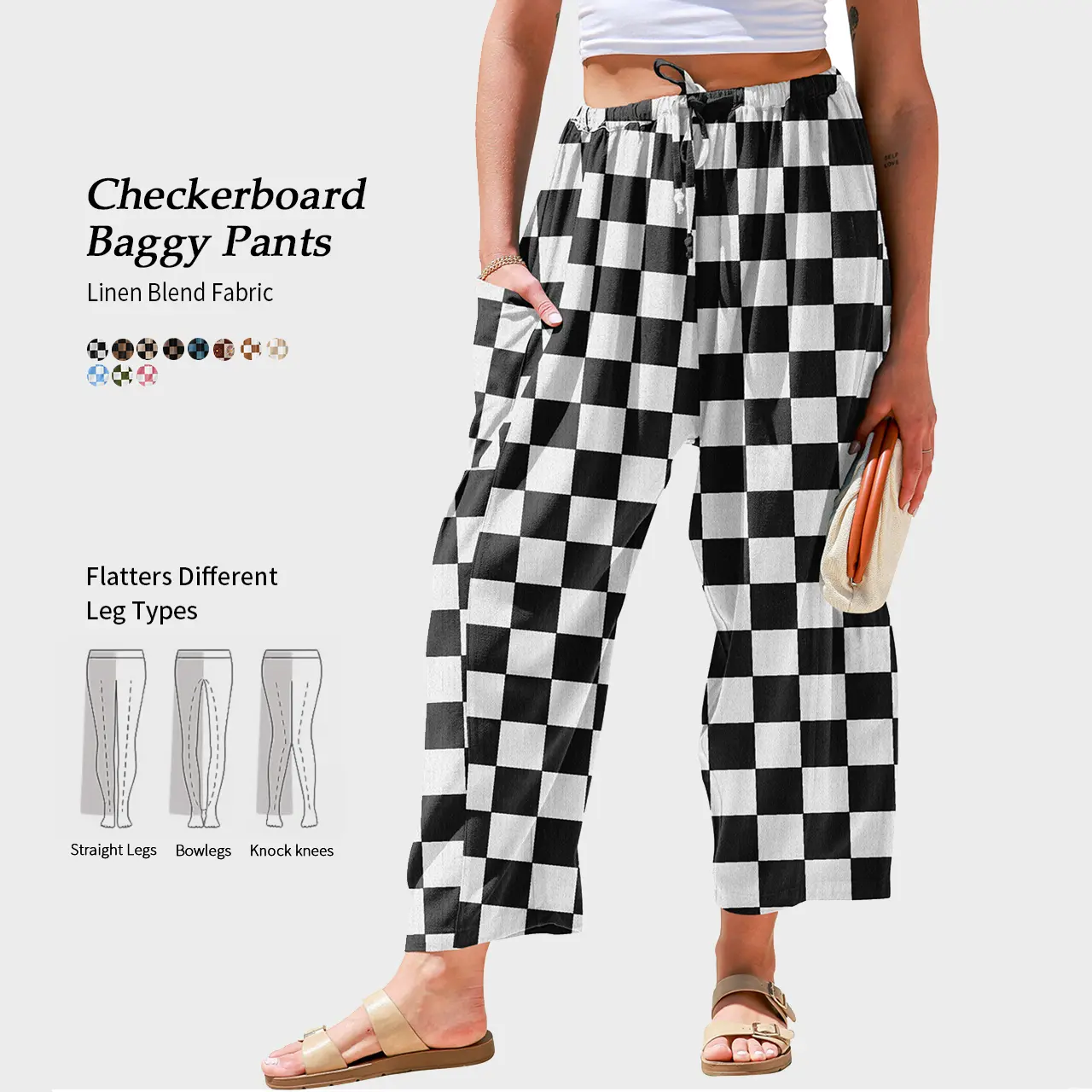 TARSE Womens Linen Blend Checkerboard Wide Leg  Pants Casual Comfy Oversized Loose Fit Summer Beach Travel Vacation Palazzo Trousers with Pockets