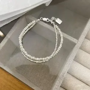 FASHION4U - 925 Sterling Silver Bracelet Double Layer Pearl Bracelet for Women Girl Vintage Luxury Design Bead Korean Jewelry Charm Bracelet