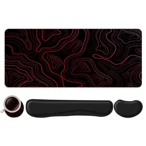 4pcs Red Abstract Art Line Design Mouse Pad + Keyboard Wrist Rest + Ergonomic Mouse Pad + Coaster Set For Desktop Decoration, Office Accessories Set Ergonomic Wrist Support, Computer Mat Mouse Pad Coaster Suitable For Home Office Gaming, Gaming Mouse Pads