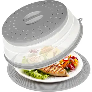 2 In 1 Microwave Splatter Cover &  Mat, Vented Collapsible Microwave Cover for , Splatter Guard Dish Plate Lid, Kitchen Colander, 10 Inch Round  Trivet Mat (Grey)