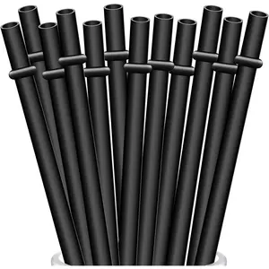 12-Pack Reusable Black Straws, 10.5" Long Hard Plastic Tumbler Replacement Straws for 16 OZ 20 OZ 30 OZ Stanley, YETI, Mason Jar, Starbucks Tumblers, Set of 10 with Cleaning Brush Utensils Tin