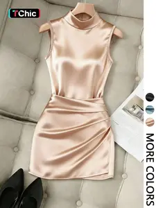 1 Spring Summer Satin Bodycon Mini Dress Women | High Neck Sleeveless Ruched Waist | Old Money Quiet Luxury Style for Office Date Night Party Wear Womenswear