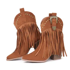Hawkwell Women's Fringe Cowboy Cowgirl Winter Boots Snip Toe Pull On Dress Western Ankle Streetwear Booties with Stud Detailing and Fringes