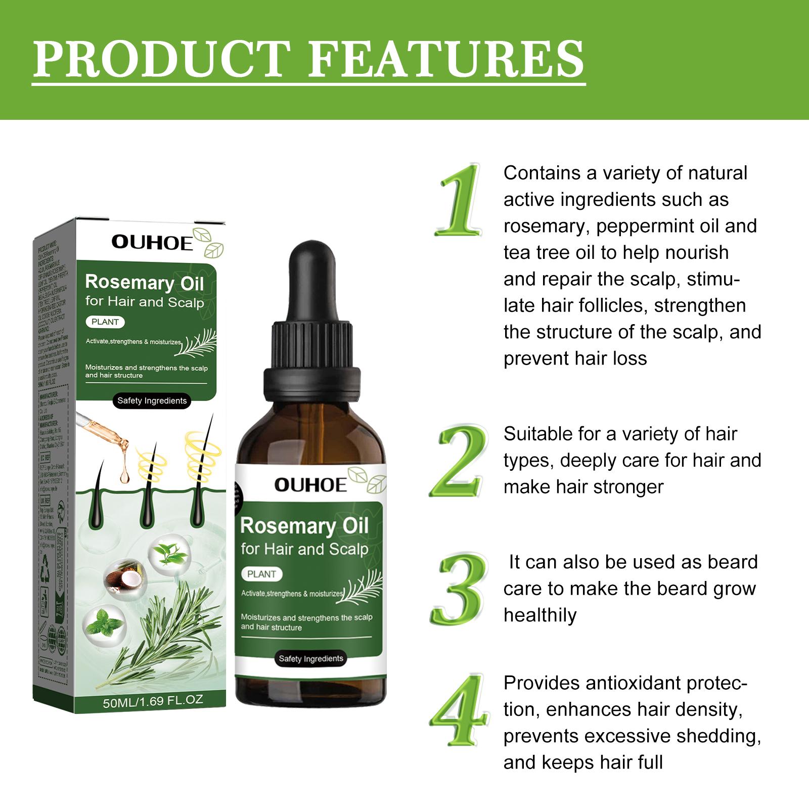 Rosemary Hair Oil，It clears away excess oil, dirt and dead skin cells on the scalp, nourishes the scalp and helps minimize hair shedding. It boosts scalp circulation, nourishes hair roots and replenishes nutrients essential for healthy hair growth.
