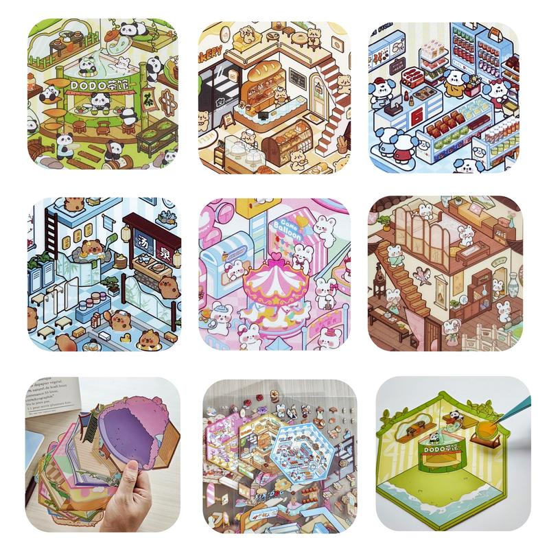 20 Sets DIY 3D House Stickers Scene Collection Book for Kids Adults, with Tweezers Make Your Own Shop House Stickers Therapy for Adult Relief Stress