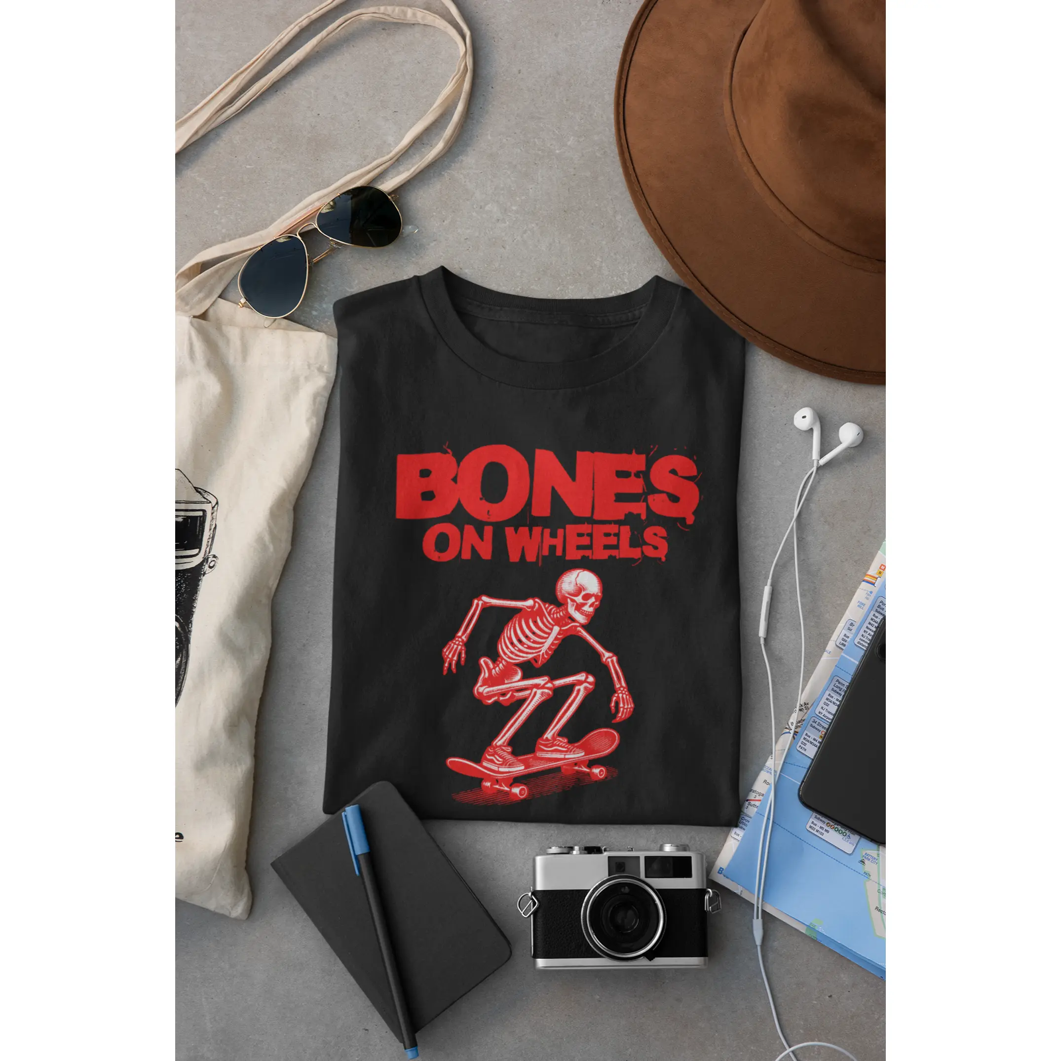 Funny Skeleton Skating Bones on Wheels Unisex Softstyle T-Shirt, Skeleton Graphic Tee, Halloween Shirt, Humorous Skater Shirt, Men's Women's