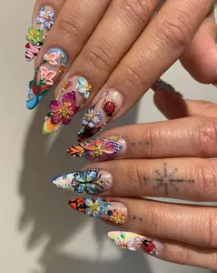 Spring Nails, Vibrant Flower Garden Press On Nails Long Stiletto, Hot Trend Summer Nail Set, 3D Floral Fake Nails, Rainbow Acrylic Nails