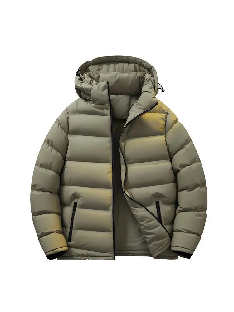 Men's Minimalist Thick Shell Fluffy Sage Green Smooth Uniform Fabric Winter Hooded Horizontal Channel Quilt Puffer Coat - Windproof, Dual Drawstring Hood, Vertical Zipper, Side Storage Pockets, Light Warm Portable Layering Menswear Outer for Frigid Days