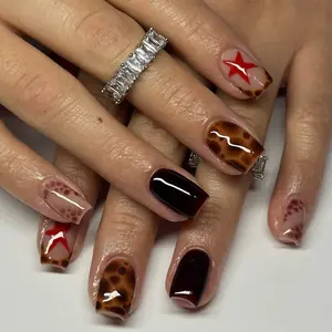 24pcs Short Square Nails Leopard Print Star French Press-On Nail Set, Includes Jelly Glue and File, Easy Wear for Parties Dance Daily Use Fake Nails