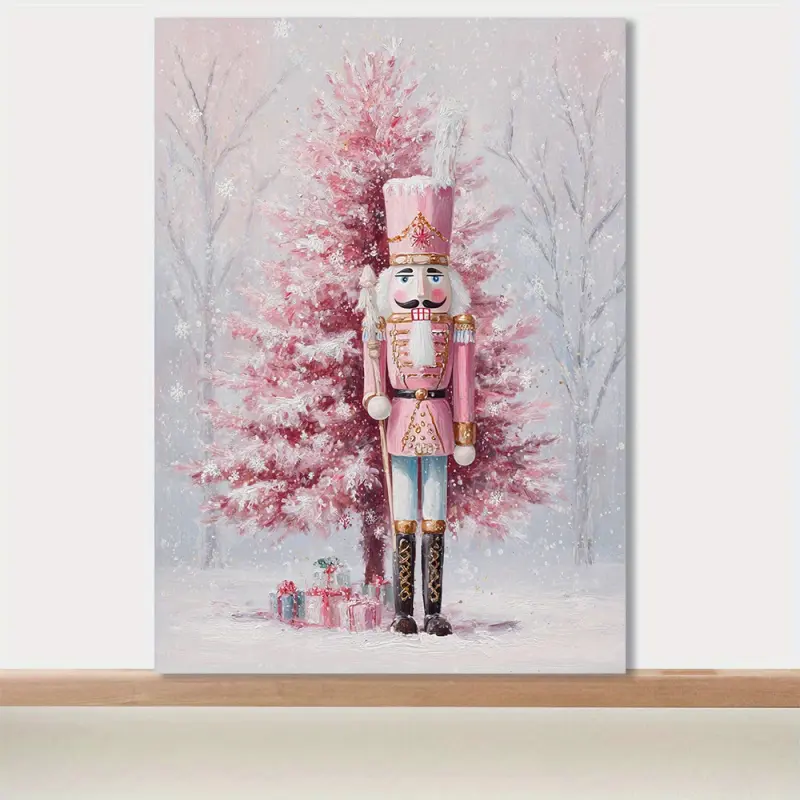 2D FLAT 1 Piece Pink Nutcracker Christmas Canvas Wall Art, Wooden Frame - 2D Flat Snow Scene Tree Design, Festive Holiday Decoration, Suitable for Cozy Winter Living Room, Christmas Display, Christmas Decoration Home Decor/Halloween/Christmas