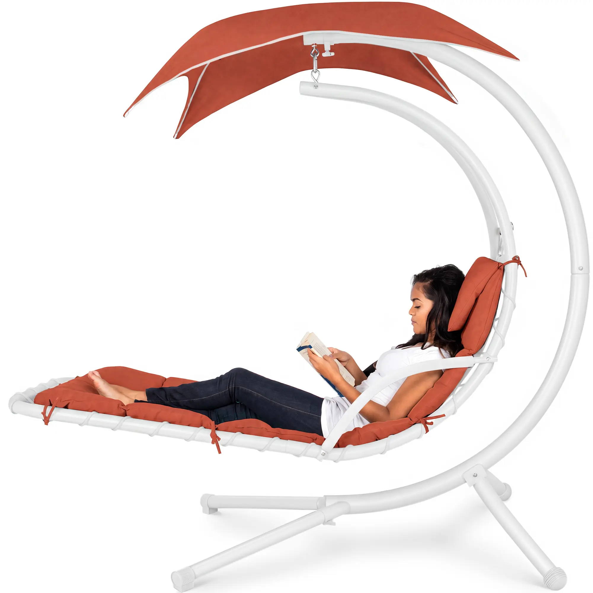 Best Choice Products Hanging Curved Chaise Lounge Chair Swing w/ Pillow, Shade, Stand