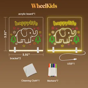 WheelKids Portable 6x6 Inch LED Acrylic Note Board 7 Colors Neon Dry Erase Board for Room Decor Aesthetic Night Light with Stand and Cleaning Cloth
