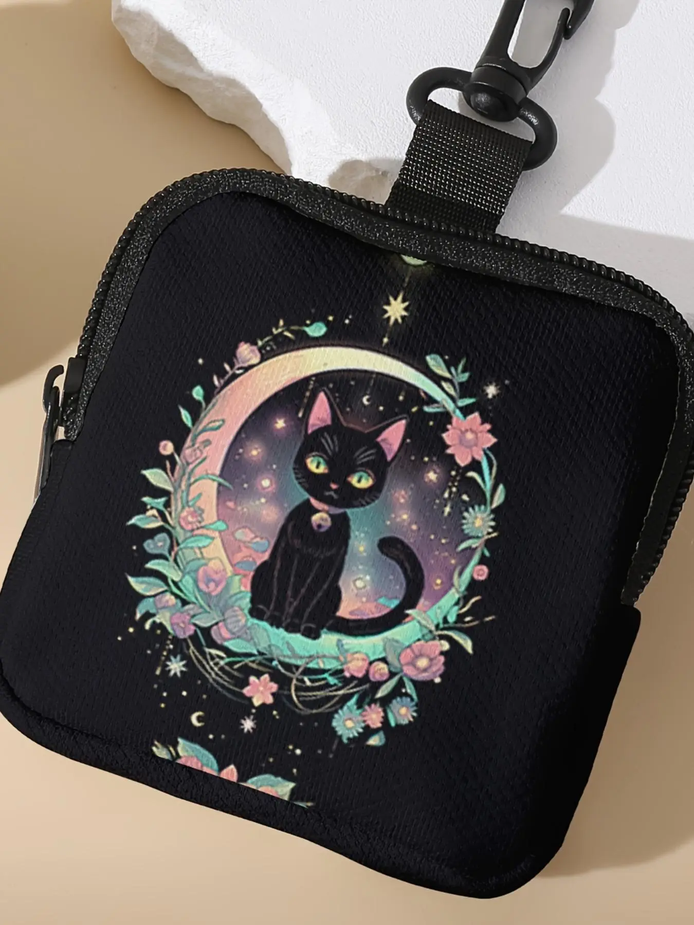 Moon Cat Pattern Coin Purse, Multi-functional Storage Bag, Durable Polyester, Multi-functional Key Card Holder Storage Bag, Travel Card Holder, Credit Card Organizer, Casual Card Holder, Cardholder Travel Accessory, Ideal Gift