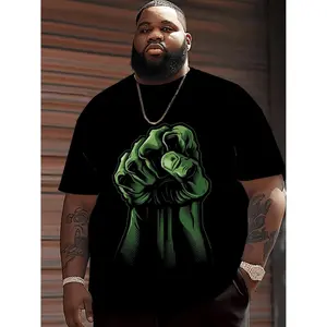 Comfortable Plus Size Cotton T-shirt for Men with Retro Green Giant Fist Graphic Design Breathable Soft Fabric Suitable for Casual Work and Seasonal Wear