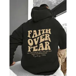 Men's Plus-Size 'Faith Over Fear' Fleece-Lined Hoodie - Casual Black Pullover with Inspirational Quote, Drawstring, and Kangaroo Pocket, Polyester, Machine Washable, Plus Size