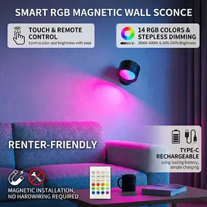 Modern Magnetic RGB LED Wall Light 1 Pack 2 Pack Touch & Remote Control 14 RGB Colors 3000K-6000K CCT Dimmable Rechargeable Wireless Sconce 360° Rotatable No Drilling Lamp for Bedroom Living Room Kids Room Decor