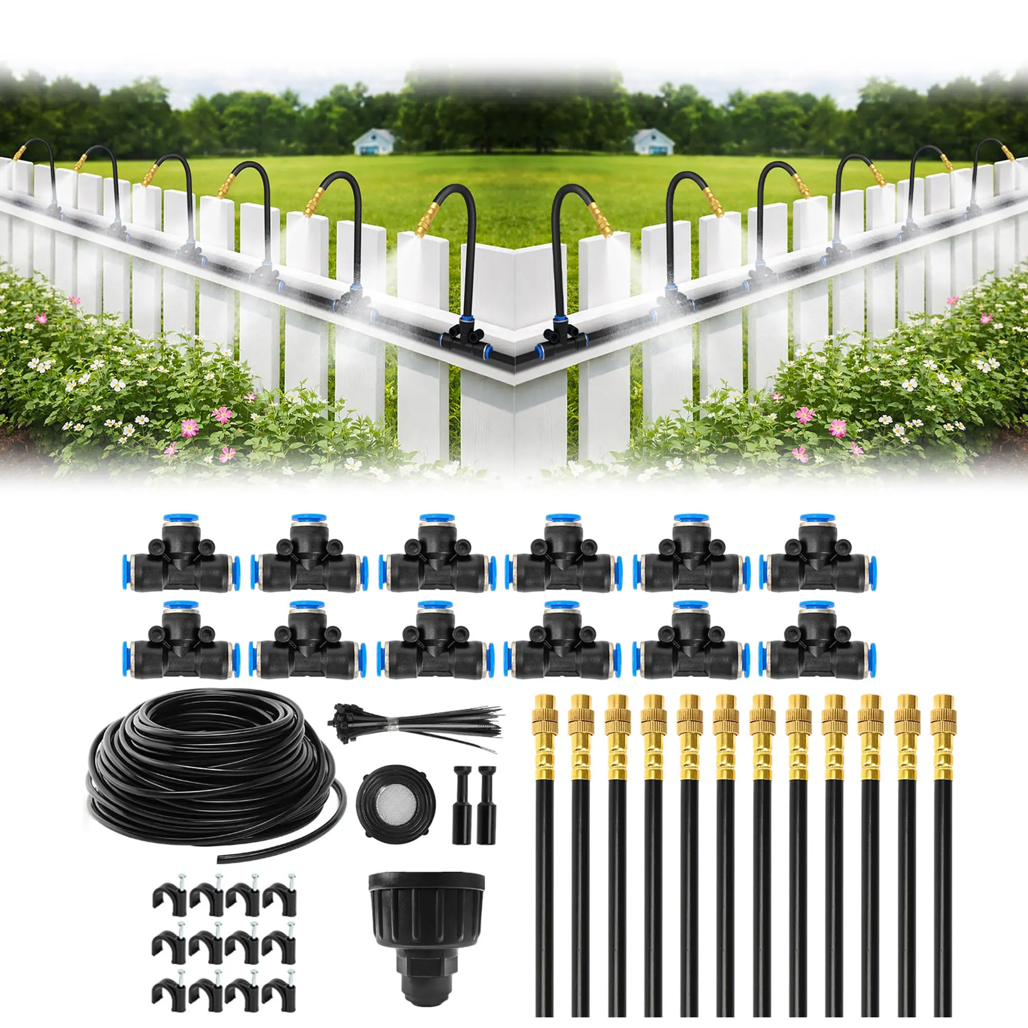 Automatic Drip Irrigation Kit - 50 Feet, Tool-Free Quick Connetctors, 360° Bendable Heads, 12 Copper Mist Nozzles - Plant Watering System for Garden, Greenhouse, Lawn