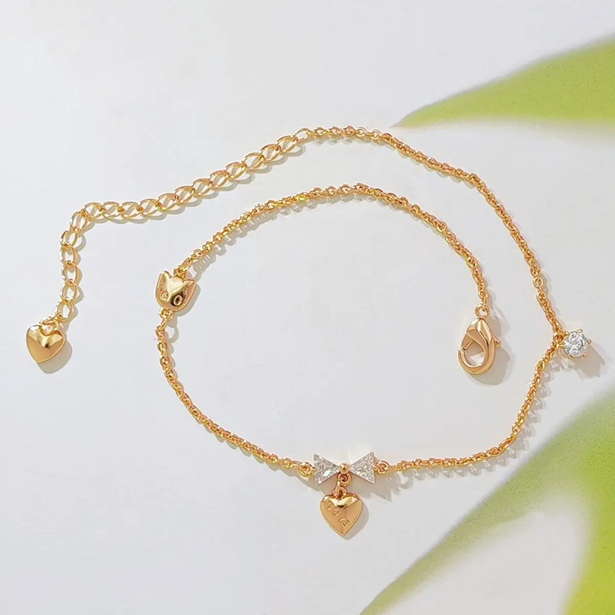14K Gold Dainty Bow CZ Ankle Bracelet, Engraved Heart Charm Adjustable Anklet with Extender Chain, Sweet Women Summer Foot Jewelry