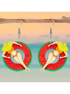 Beach Party Jewelry - Watermelon Swimming Circle Bikini Earrings, Acrylic Fruit Pendant Earrings, Circle Shape Earrings, Suitable for Pool Side, Vacation, and Daily Wear - Beach Accessories, Retro Style, Fading resistant Material, Casual Fashion