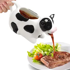 11oz/300ml Ceramic Gravy Boat Milk Cow Sauce Jug with Smooth Handle Perfect for Serving Salad Dressing Broth Cream Milk for Thanksgiving Halloween Christmas White