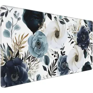 35.4 x 15.7 in, XXL Large  Pad for Desk, Extended Keyboard  Mat for  Office, Big Laptop  pad, Gaming Pc-Boho Navy Blue Peony Florals