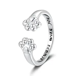 Women's Cute Paw Print Adjustable Open Band Ring - Delicate Stacking Pet Animal Fashion Jewelry, Puppy Lover Gift with Free Bag