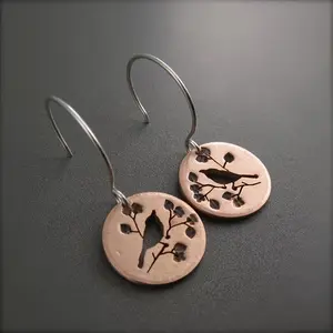 Copper Dangle Earrings - Elegant Bohemian Style with Intricate Bird & Leaf Design - Vintage-Inspired Hook Earrings for Women, Nature-themed Jewelry, Artistic Pendant Earrings, Earthy Tone Novelty Earrings