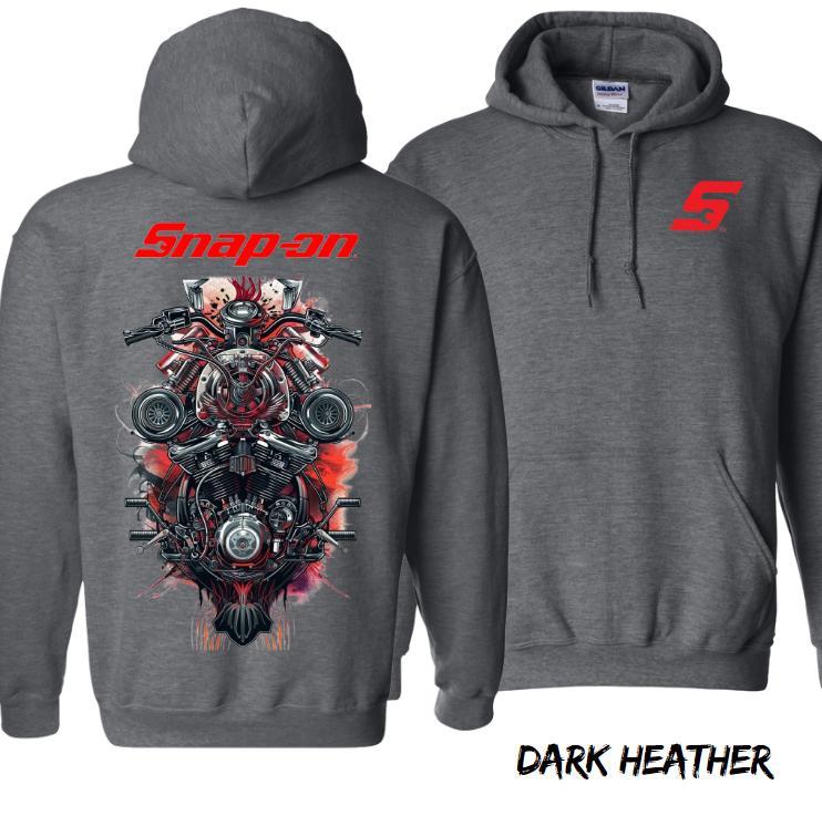 Snap-on Motorcycle Engine Graphic Hoodie - 2- Sided Bold Design, Ultra-Durable - Comfortable Workwear for Men And Women, Ideal for Mechanics - Motor Enthusiasts Menswear Sweatshirts Long Sleeve