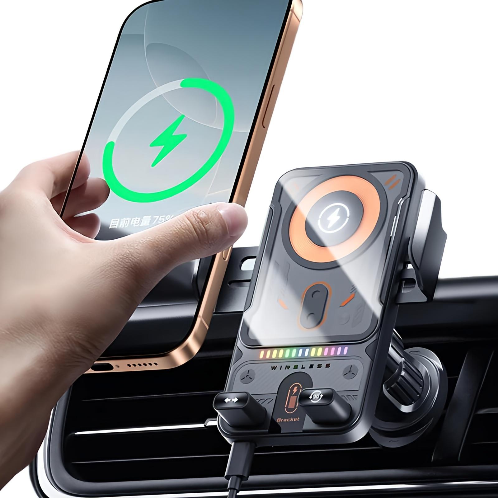 15W Wireless Car Charger Phone Holder, Auto-Clamping Air Vent Mount with 90° Rotation, Compatible with iPhone and Android Smartphones