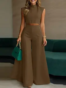 ZANZEA Women's Casual Set, Stand Collar Short Sleeve Hoodie with Back Button Side Zipper + Waist Elastic Wide Leg Pants, Perfect for Daily