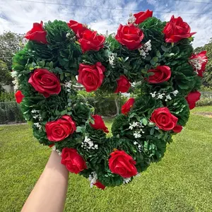 Heart Shaped Red Rose Wreath - Decorative Floral Arrangement with Red Roses and Greenery