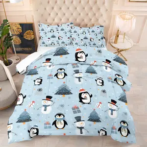 Snowman and Penguin Quilt Set, Vibrant Bedroom Decor Gift for Young Adults, Includes 1 Bed Quilt and 1 or 2 Pillowcases Without Pillows