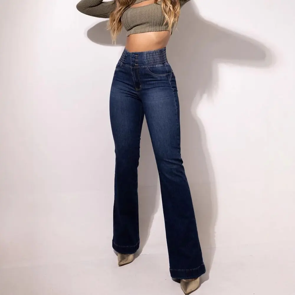 High Rise Flare Jeans for Women, Flattering Stretch Denim with an Elastic Waist, Butt Lifting Slimming Fit, Bottom, Elastic Waist Jeans, Stretch Jeans