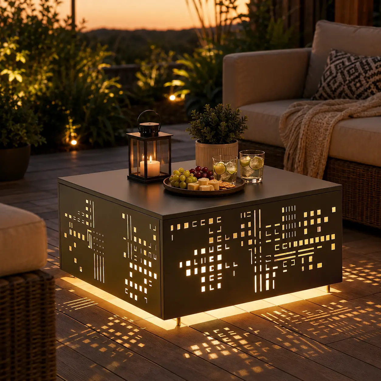 CAODOC Solar Lighted Outdoor Coffee Table, Metal Patio Table with Umbrella Hole, Decorative Cutout Pattern, IP44 Waterproof Garden Tea Table, Auto On Warm LED Light, Adjustable Feet for Deck, Balcony, Backyard