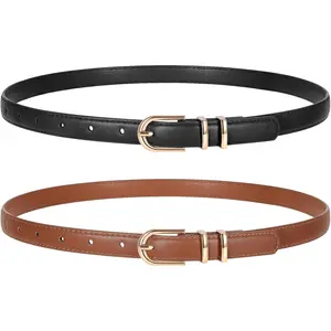 2 Pack Women Skinny Leather Belts for Jeans Pants Thin Faux Leather Belt with Gold Buckle