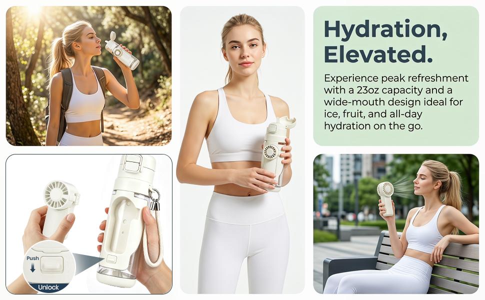 2-in-1 Water Bottle with Built-In Foldable Fan, Portable Dual-Drinking Cooling Water Bottle with Fan 3 Speeds USB, 3 Speeds Adjustable for Outdoors Sports (White)