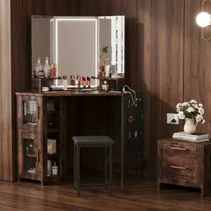Corner Makeup Vanity Desk with LED Lighted Mirror, 3 Lighting Modes, Power Outlet, Storage Cabinet & Stool, Tigerwood Finish Dressing Table for Bedroom & Studio