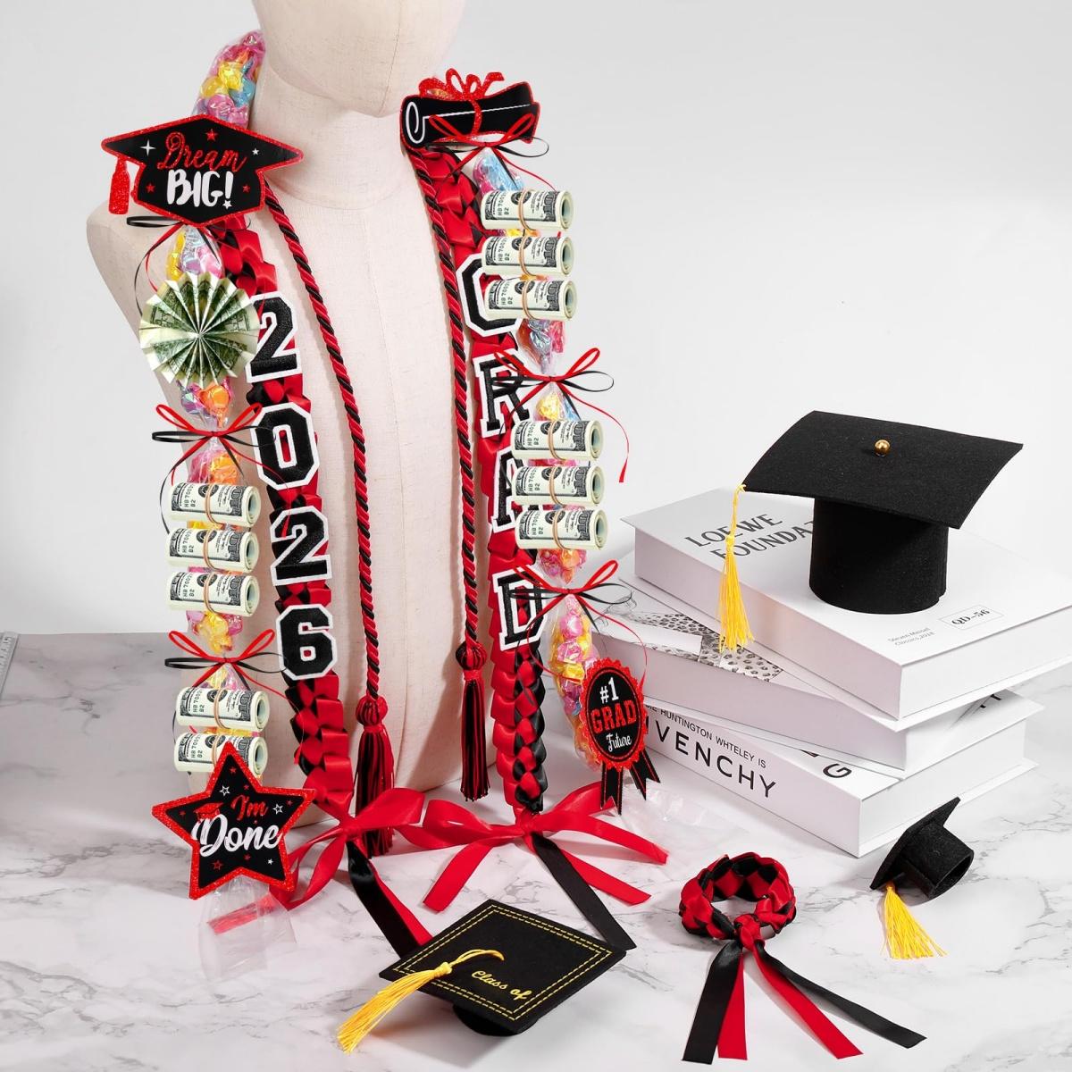 ONERIR 18 Pcs Graduation Leis 2026 Class of 2026 Graduation Candy Lei Kit Double Ribbon Graduation Leis Necklace Graduation Gift Party Accessories for Women Men