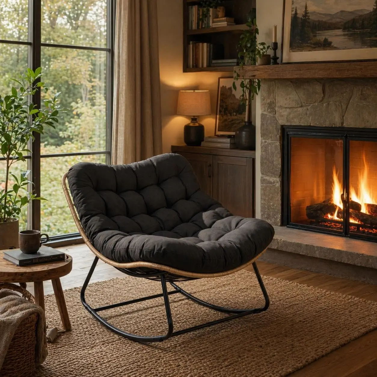 Oversized Papasan Rocking Chair with Thick Cushion,Curved Leg Wicker Rattan Rocker,Heavy Duty 700 LBS Capacity Indoor Outdoor Glider,Yellow Mouse + Black Cushion