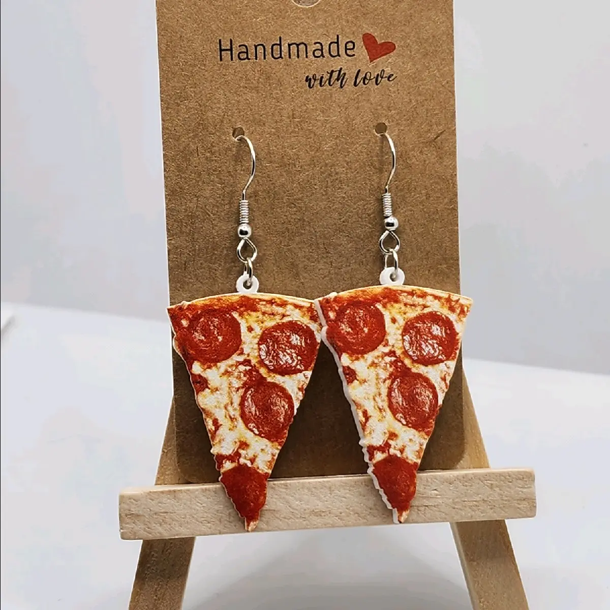Handmade with Love Intricate Pepperoni Pizza Earrings - Lightweight and Durable Hook Earrings for Pizza Lovers Flat Back Not 3D Realistic Plastic Slice Design