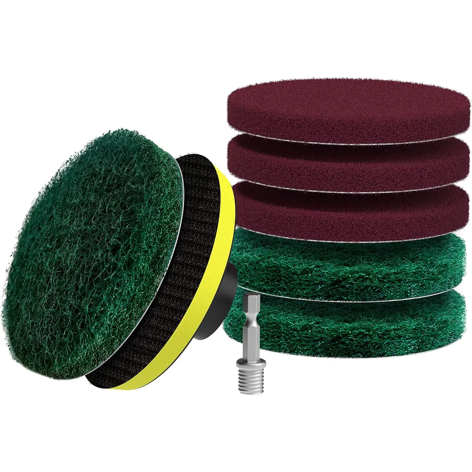 8PCS Drill-Powered Brush & Scouring Pad Cleaning Kit - Drill Scrub Attachments for Home Improvement, Tile Cleaner with Effortless Dirt Removal, 3 Stiffer Green (180-240 Grits) & 3 Red Scrubbing Pads (320-400 Grits) 4 in for Bathroom Floor Polishing
